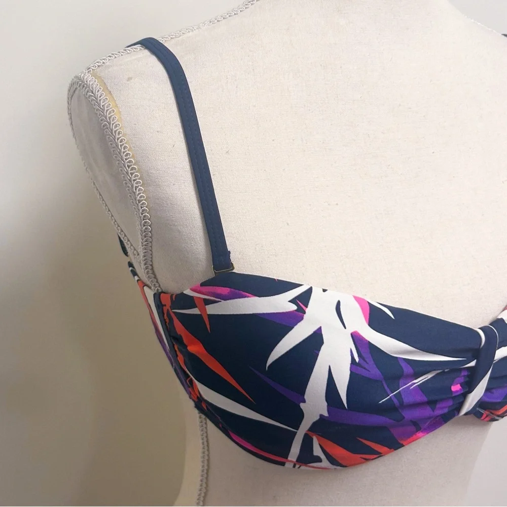 Skye Navy Blue Leaves Removable Strap Back Tie Underwire Bandeau Bikini Top NOS